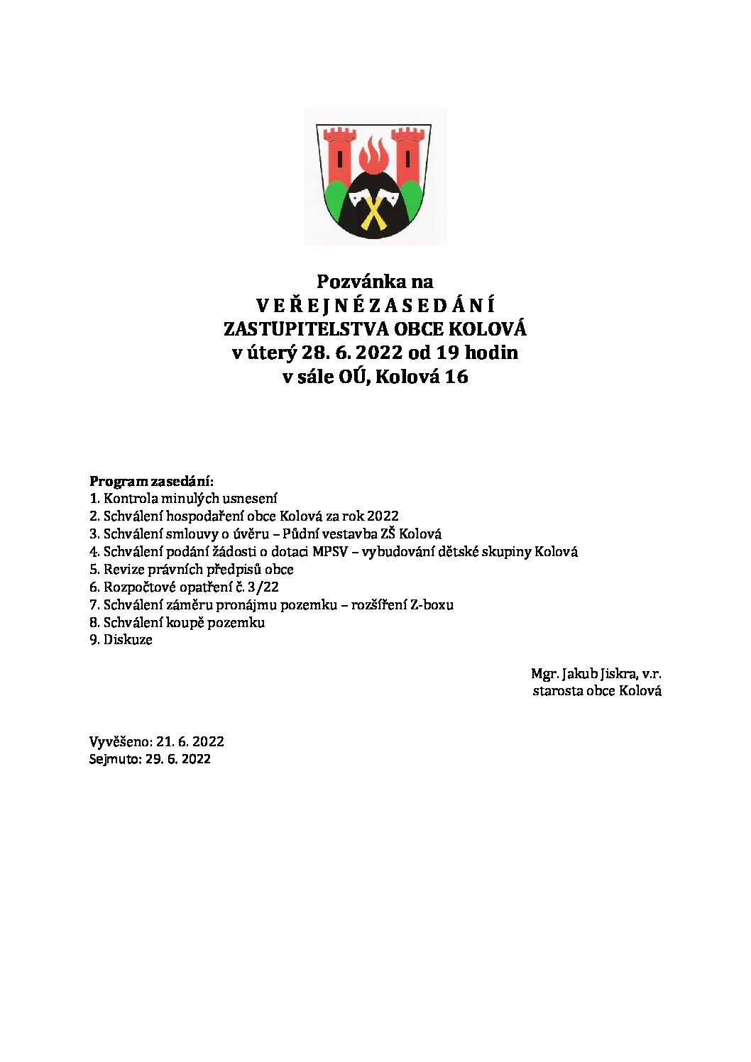 Pozvánka na Veřejné zasedání ZO Kolová dne 28. 06. 2022